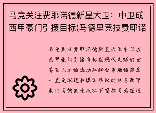 马竞关注费耶诺德新星大卫：中卫成西甲豪门引援目标(马德里竞技费耶诺德)